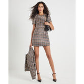 Brown Boucle Short Sleeve Check Mini Dress