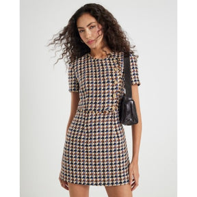 Brown Boucle Short Sleeve Check Mini Dress