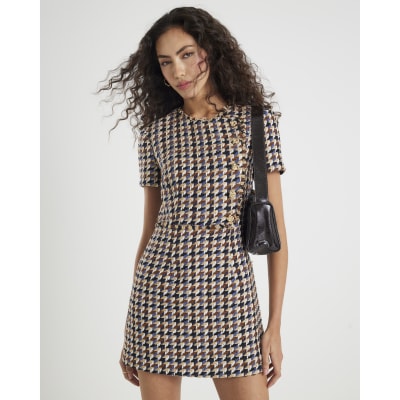 Brown Boucle Short Sleeve Check Mini Dress