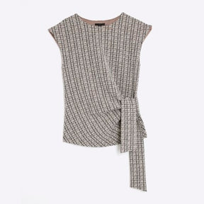 Brown Boucle Sleeveless Tie Side Top