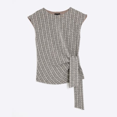 Brown Boucle Sleeveless Tie Side Top