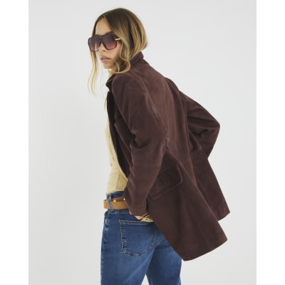 Brown Boxy Fit Suede Blazer