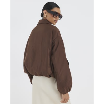 Brown Bubble Hem Bomber Jacket