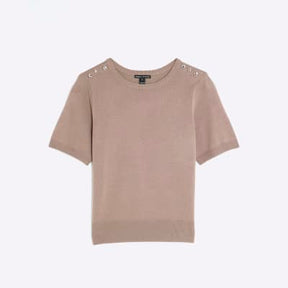Brown Button Detail Knitted T-shirt