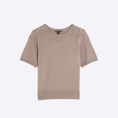 Brown Button Detail Knitted T-shirt