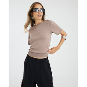 Brown Button Detail Knitted T-shirt