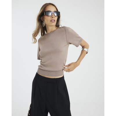 Brown Button Detail Knitted T-shirt