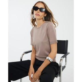 Brown Button Detail Knitted T-shirt
