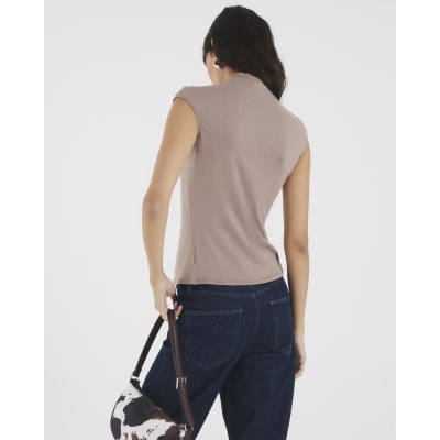 Brown Button Up High Neck Top