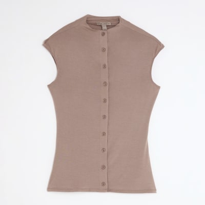 Brown Button Up High Neck Top