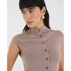 Brown Button Up High Neck Top