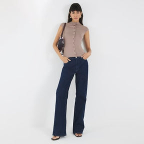 Brown Button Up High Neck Top