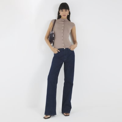 Brown Button Up High Neck Top