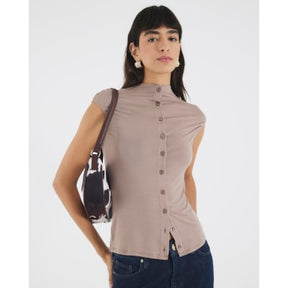 Brown Button Up High Neck Top