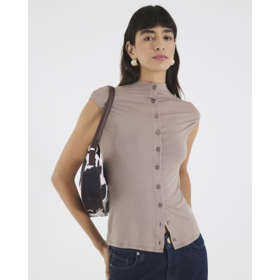 Brown Button Up High Neck Top