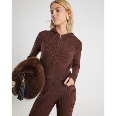 Brown Cable Knit Hoodie