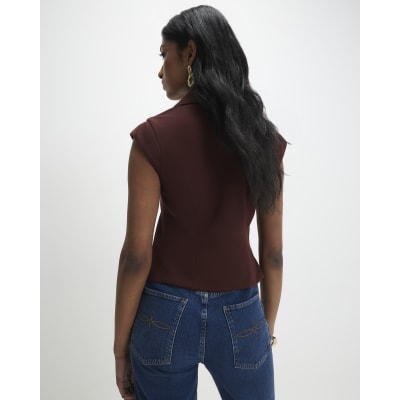 Brown Cap Sleeve Twill Waistcoat