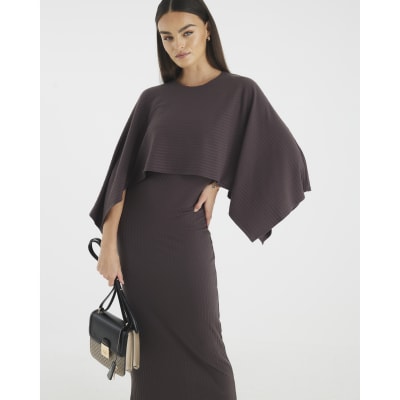 Brown Cape Midi Dress