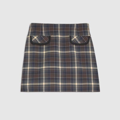 Brown Check A Line Mini Skirt