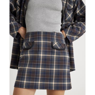 Brown Check A Line Mini Skirt