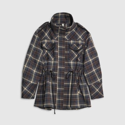 Brown Check Long Sleeve High Neck Jacket