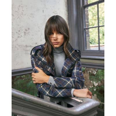 Brown Check Long Sleeve High Neck Jacket