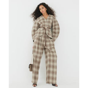 Brown Check Print Cocoon Sleeve Belted Blazer