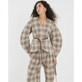 Brown Check Print Cocoon Sleeve Belted Blazer