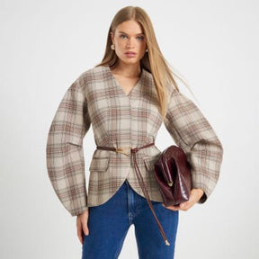 Brown Check Print Cocoon Sleeve Belted Blazer