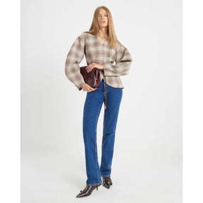 Brown Check Print Cocoon Sleeve Belted Blazer