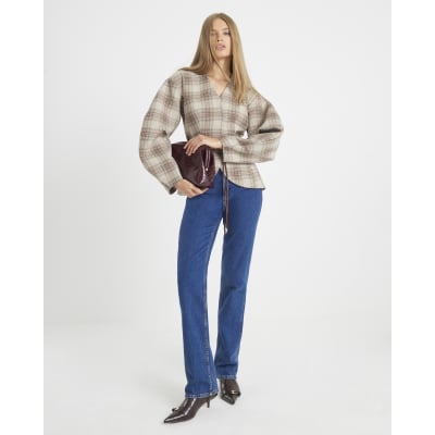 Brown Check Print Cocoon Sleeve Belted Blazer