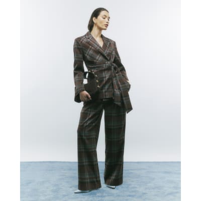 Brown Check Tie Waist Blazer