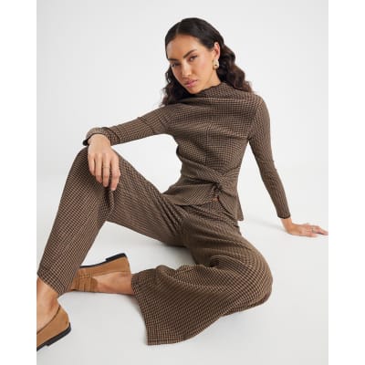 Brown Check Wide Leg Trousers