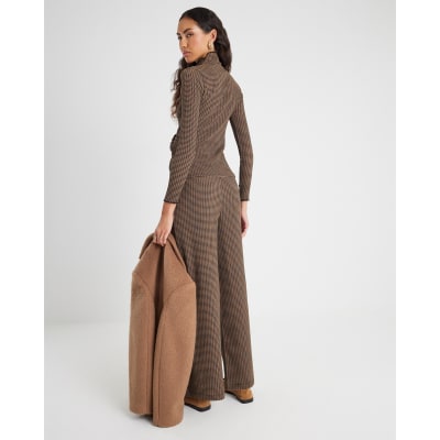 Brown Check Wide Leg Trousers