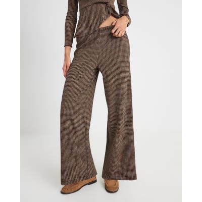 Brown Check Wide Leg Trousers