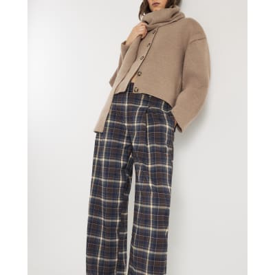 Brown Check Wide Leg Trousers