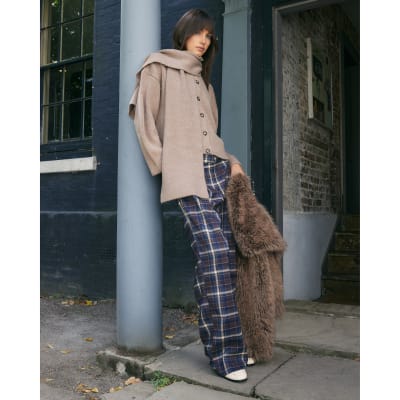 Brown Check Wide Leg Trousers