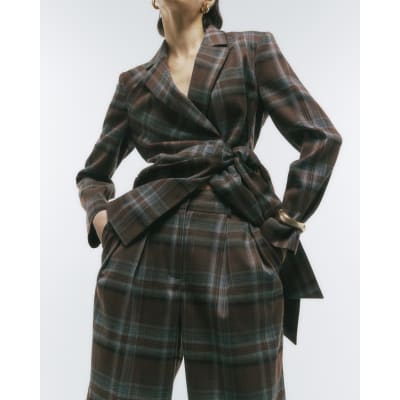 Brown Check Wide Leg Trousers