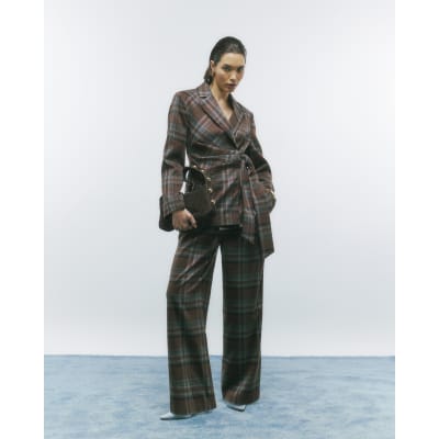 Brown Check Wide Leg Trousers