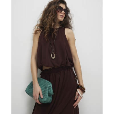 Brown Chiffon Bubble Hem Racer Top