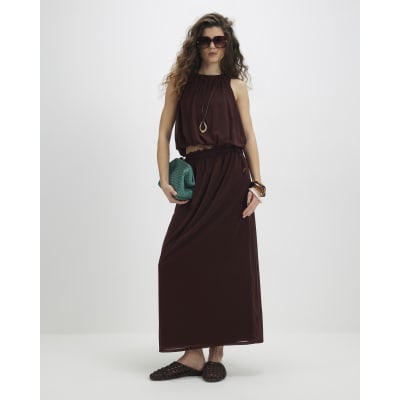 Brown Chiffon Bubble Hem Racer Top