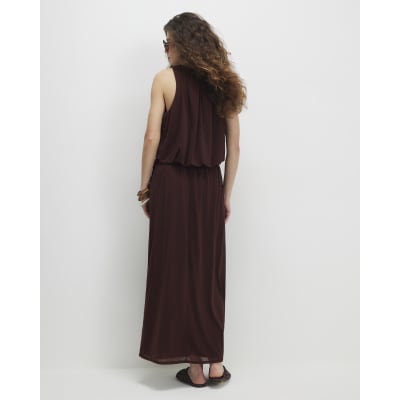 Brown Chiffon Tie Side Maxi Skirt