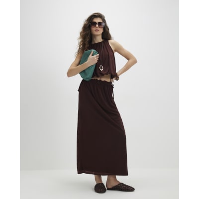Brown Chiffon Tie Side Maxi Skirt