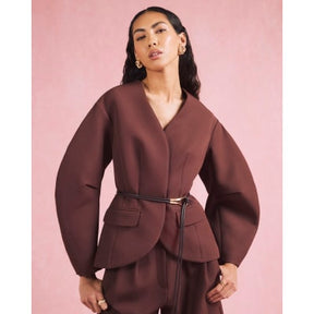 Brown Cocoon Sleeve Belted Blazer