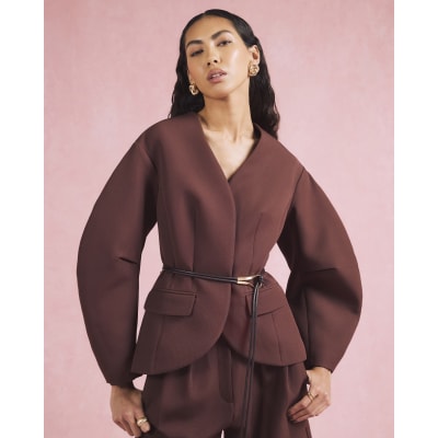 Brown Cocoon Sleeve Belted Blazer