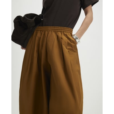 Brown Cotton Poplin Barrel Leg Trousers