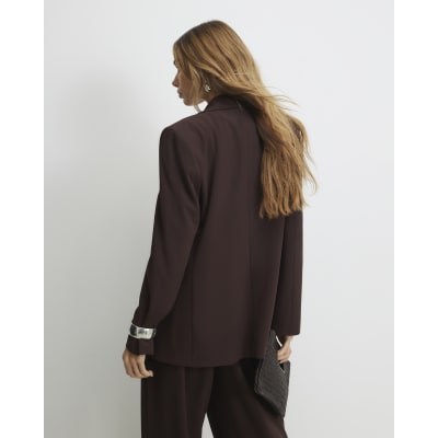 Brown Crepe Ruched Sleeve Blazer