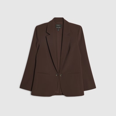 Brown Crepe Ruched Sleeve Blazer