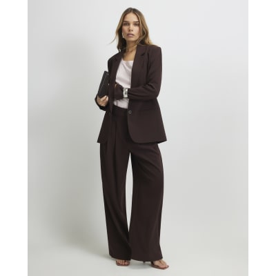Brown Crepe Ruched Sleeve Blazer