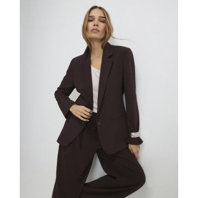 Brown Crepe Ruched Sleeve Blazer